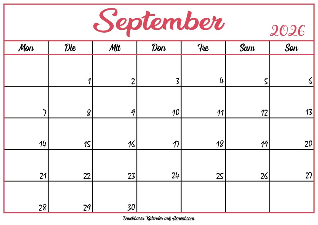 Monatskalender September 2026