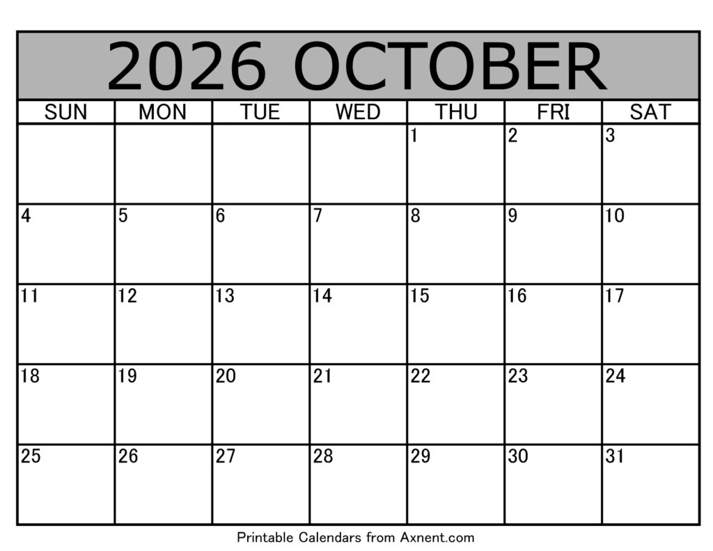 October 2026 Calendar Template