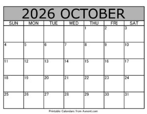 October 2026 Calendar Template