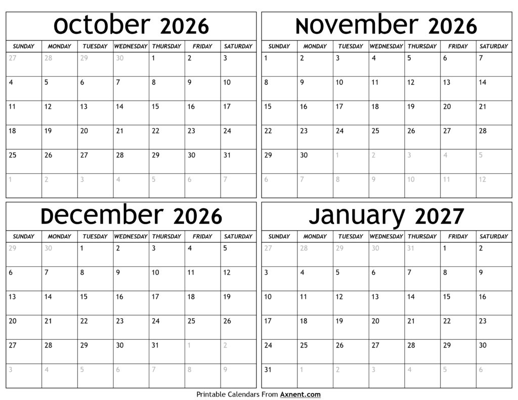 October 2026 to January 2027 Calendar