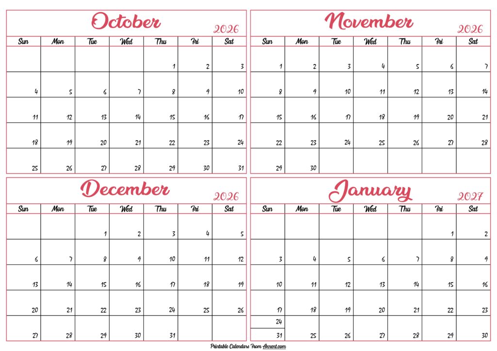 October 2026 to January 2027 Calendar Template