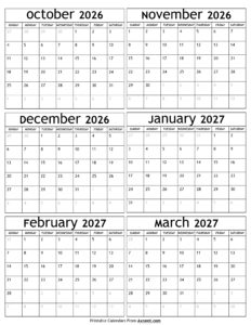 October 2026 to March 2027 Calendar