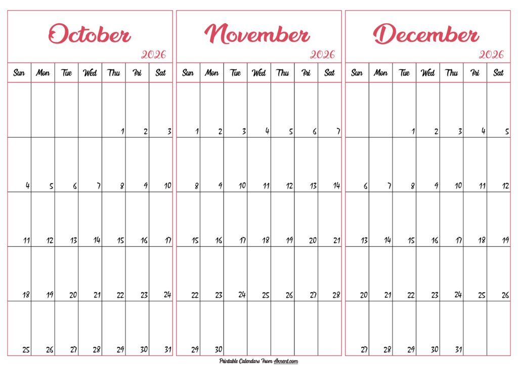 October November December 2026 Calendar
