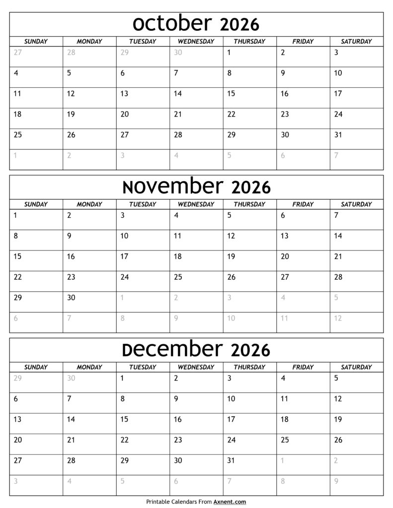 October to December 2026 Calendar