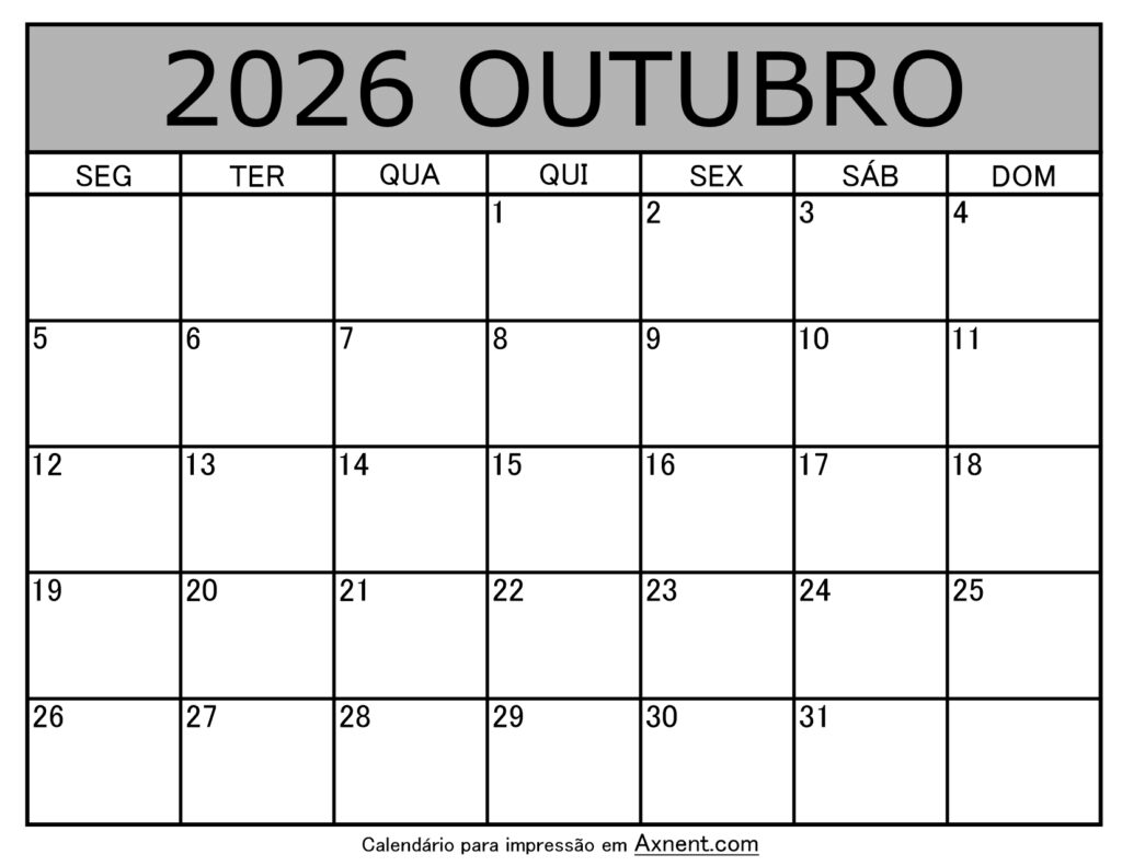 Outubro De 2026 Calendario Imprimível