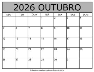 Outubro De 2026 Calendario Imprimível