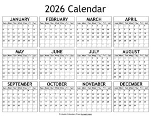 Printable 2026 Calendar