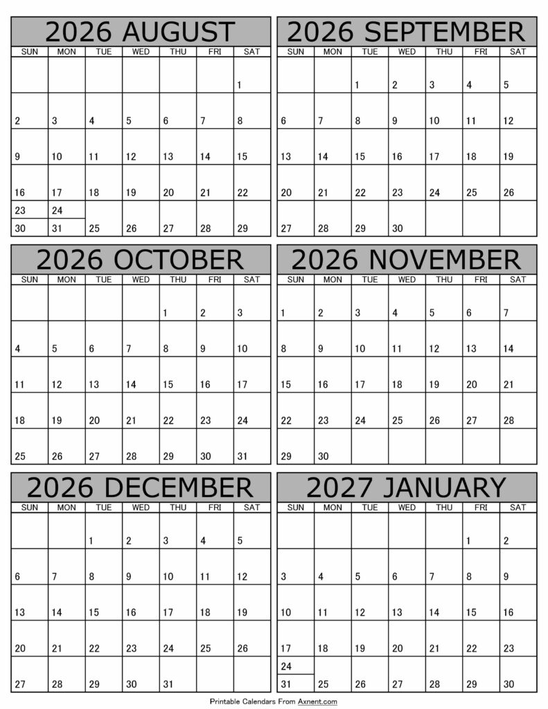 Printable August 2026 to January 2027 Calendar