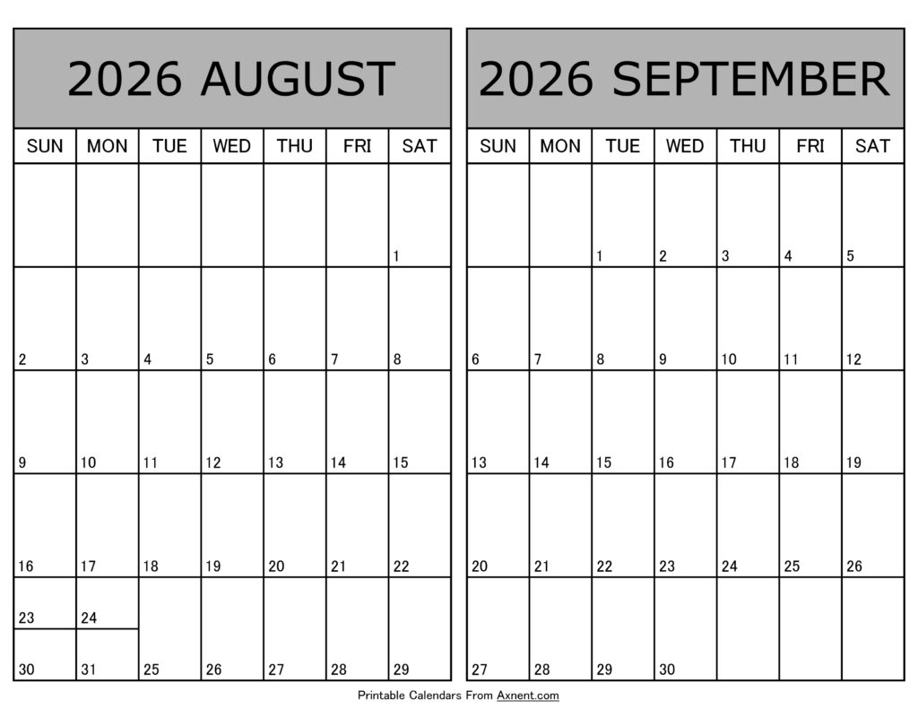 Printable August September 2026 Calendar