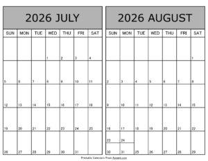 Printable July August 2026 Calendar