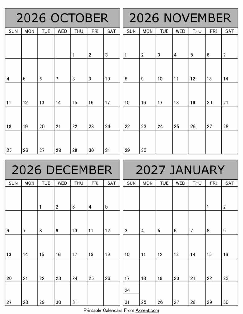 Printable October 2026 to January 2027 Calendar