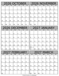Printable October 2026 to March 2027 Calendar