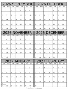 Printable September 2026 to February 2027 Calendar