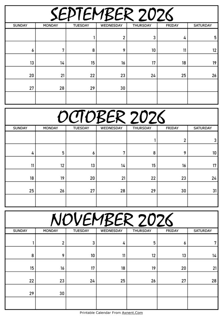 September October and November Calendar 2026