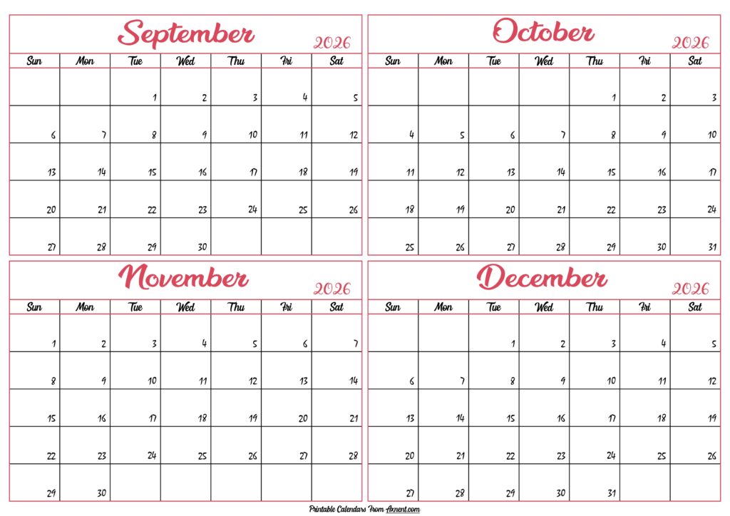 September to December Calendar 2026
