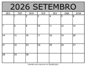 Setembro De 2026 Calendario Imprimível