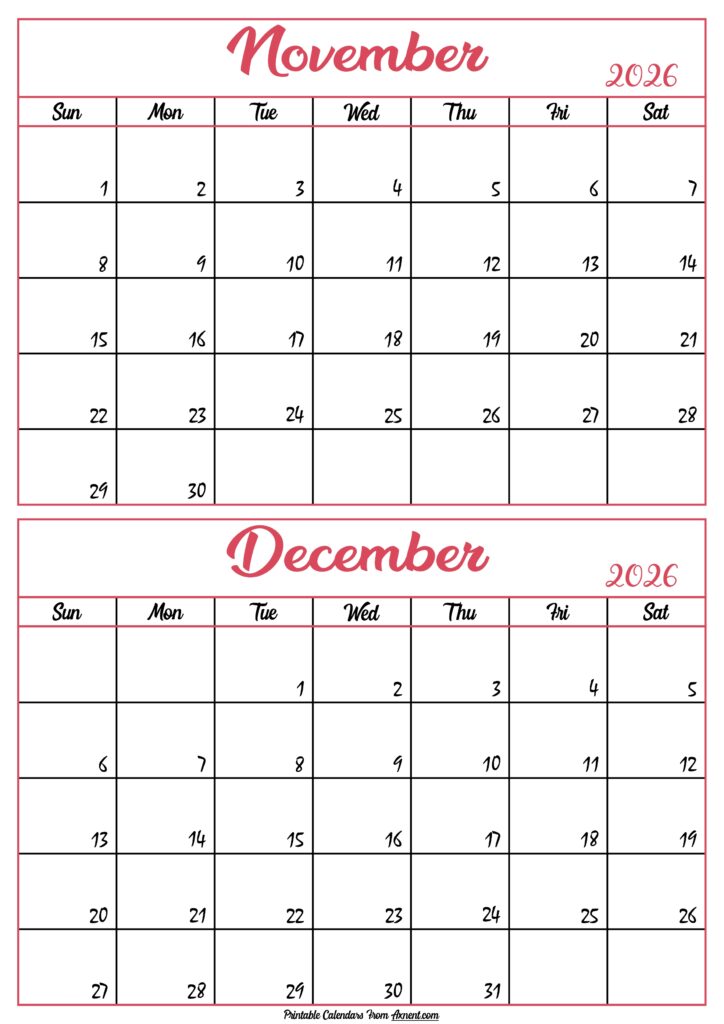 Calendar 2026 November December