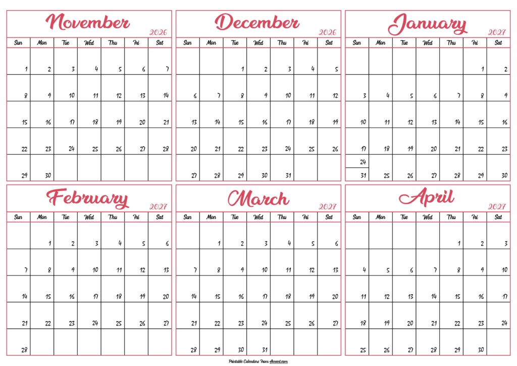 Calendar 2026 November to April 2027