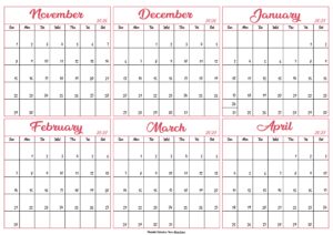 Calendar 2026 November to April 2027