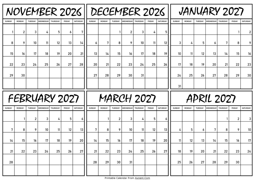 Calendar November 2026 to April 2027