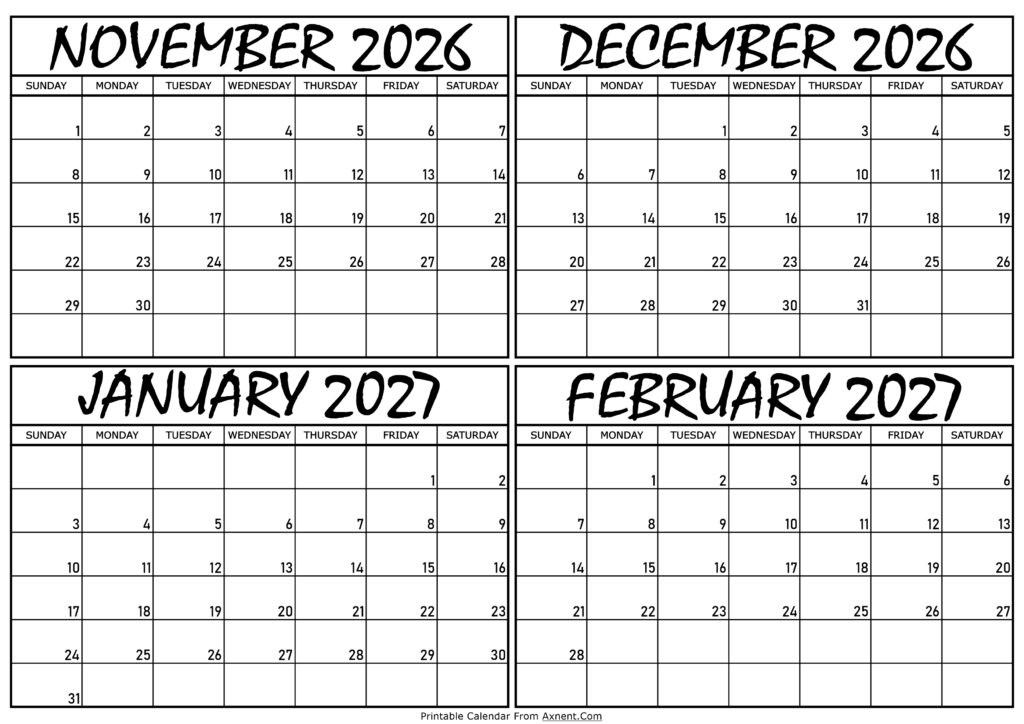 Calendar November 2026 to February 2027