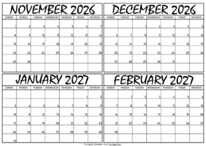 Calendar November 2026 to February 2027