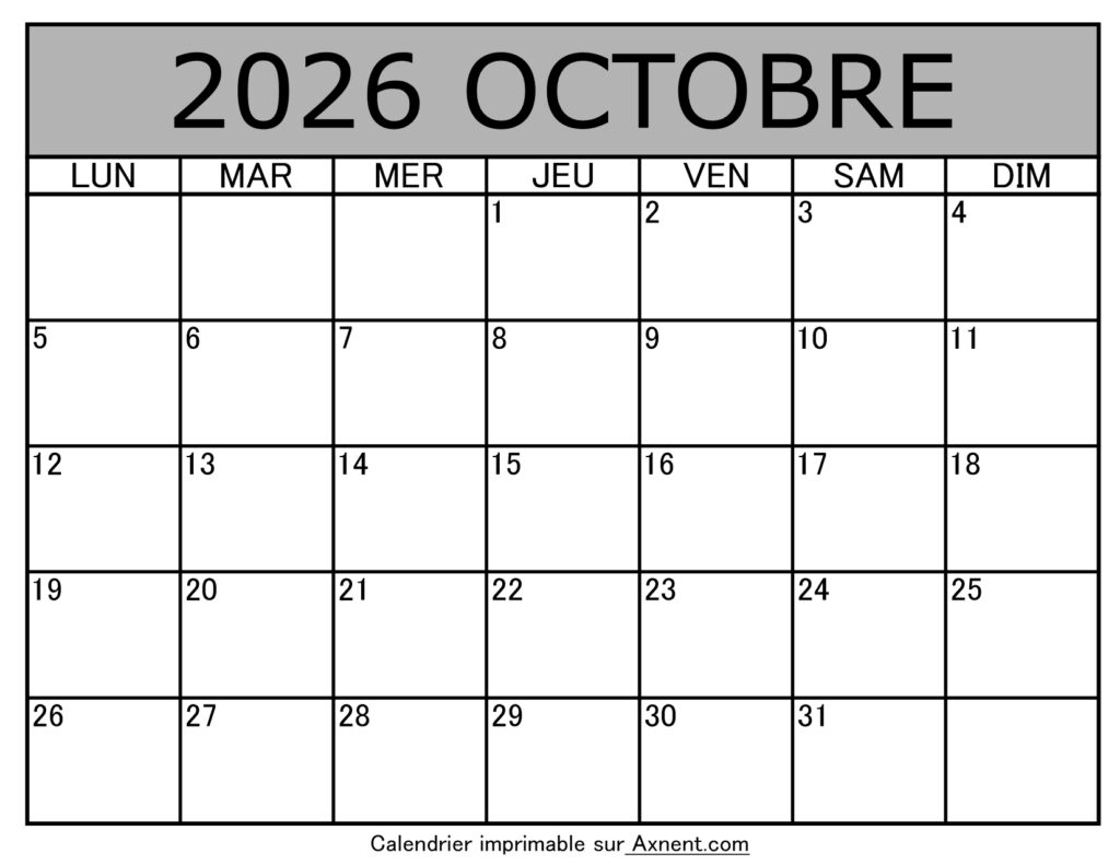 Calendrier À Imprimer Octobre 2026