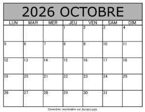 Calendrier À Imprimer Octobre 2026