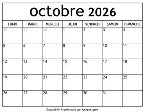 Calendrier Octobre 2026