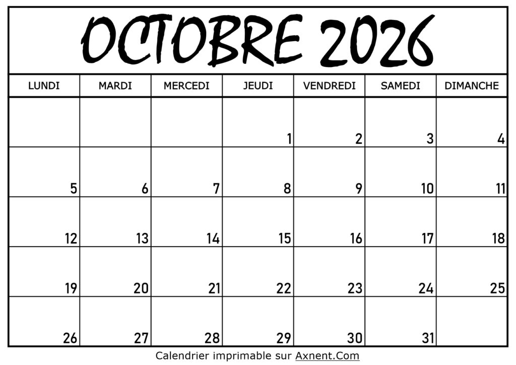 Calendrier Octobre 2026 À Imprimer
