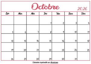 Calendrier Vierge Octobre 2026