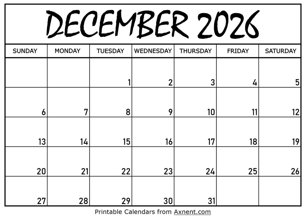 December 2026 Calendar Printable