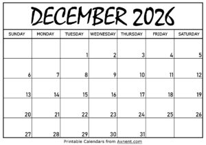 December 2026 Calendar Printable