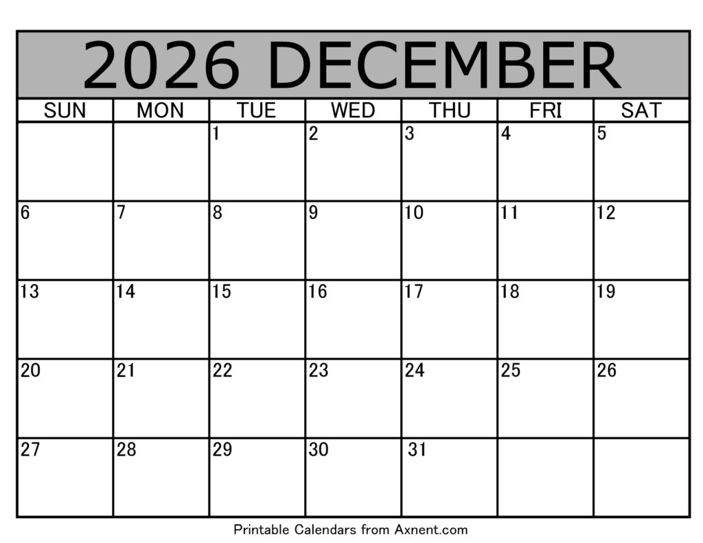 December 2026 Calendar Template