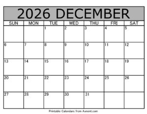 December 2026 Calendar Template