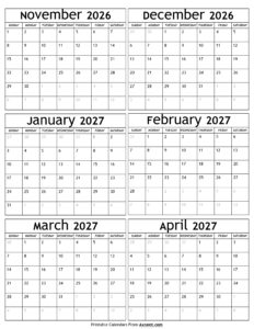 November 2026 to April 2027 Calendar