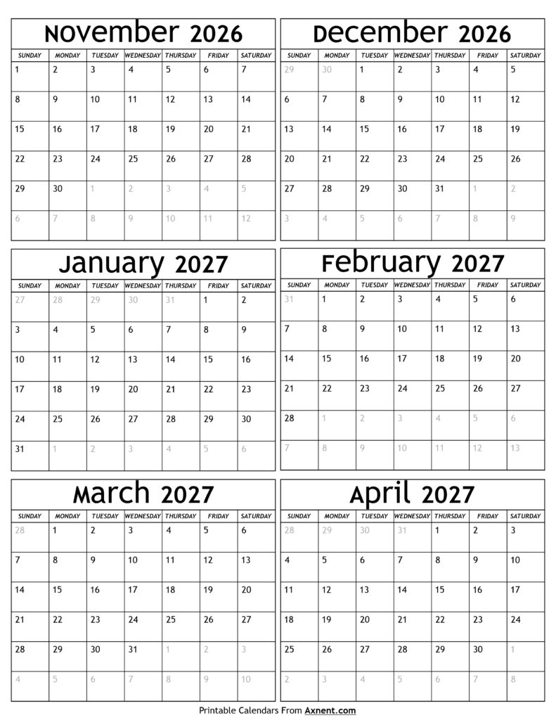 November 2026 to April 2027 Calendar