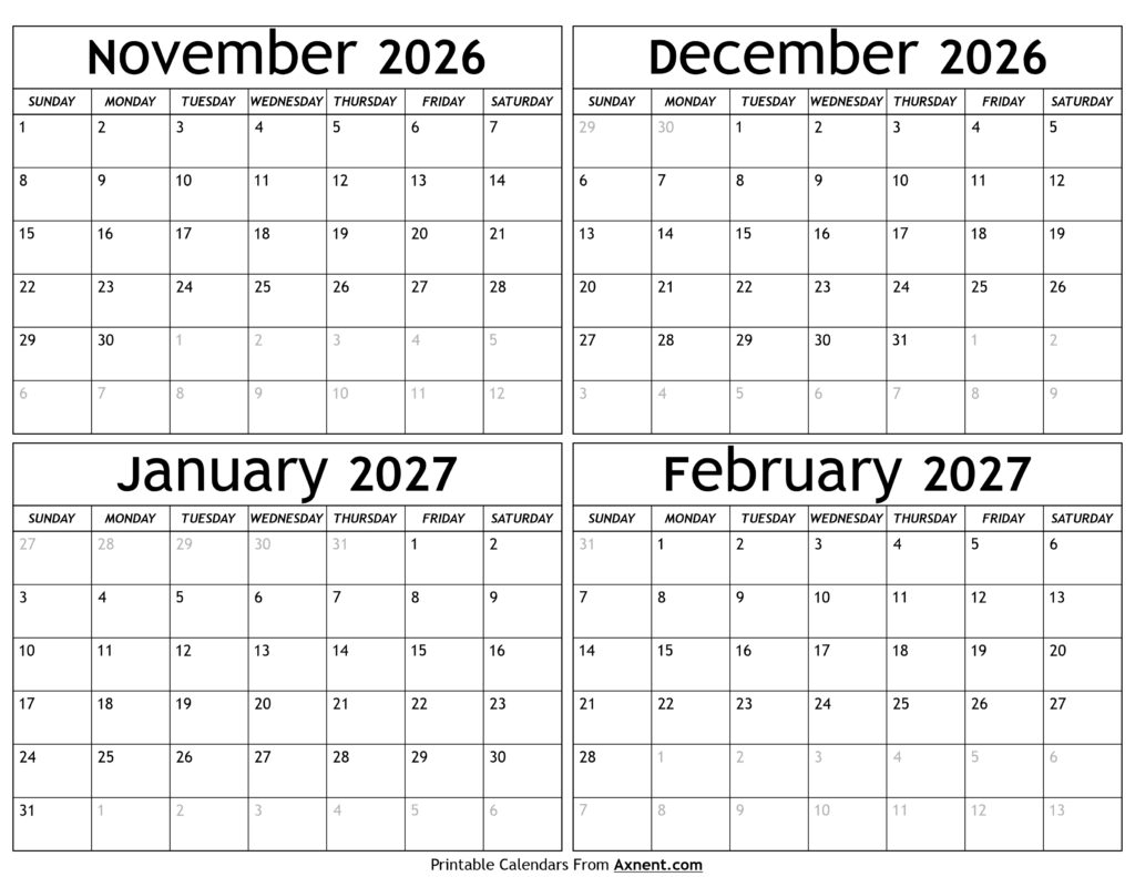 November 2026 to February 2027 Calendar
