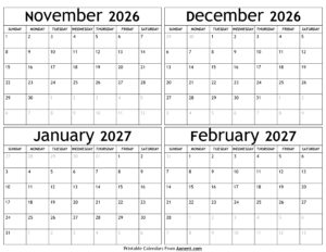 November 2026 to February 2027 Calendar