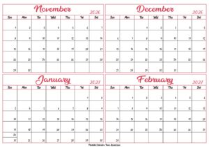 November 2026 to February 2027 Calendar Template