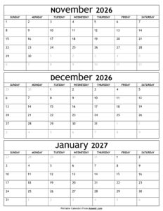 November 2026 to January 2027 Calendar