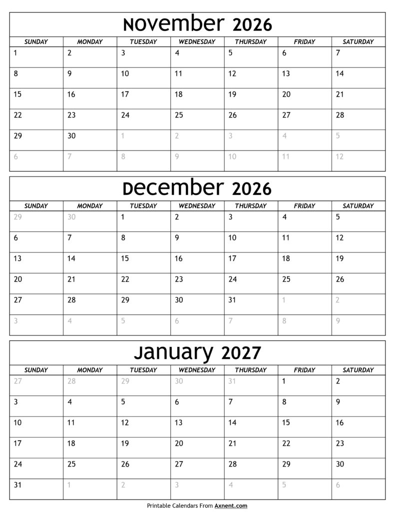November 2026 to January 2027 Calendar