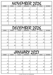 November December 2026 and January 2027 Calendar