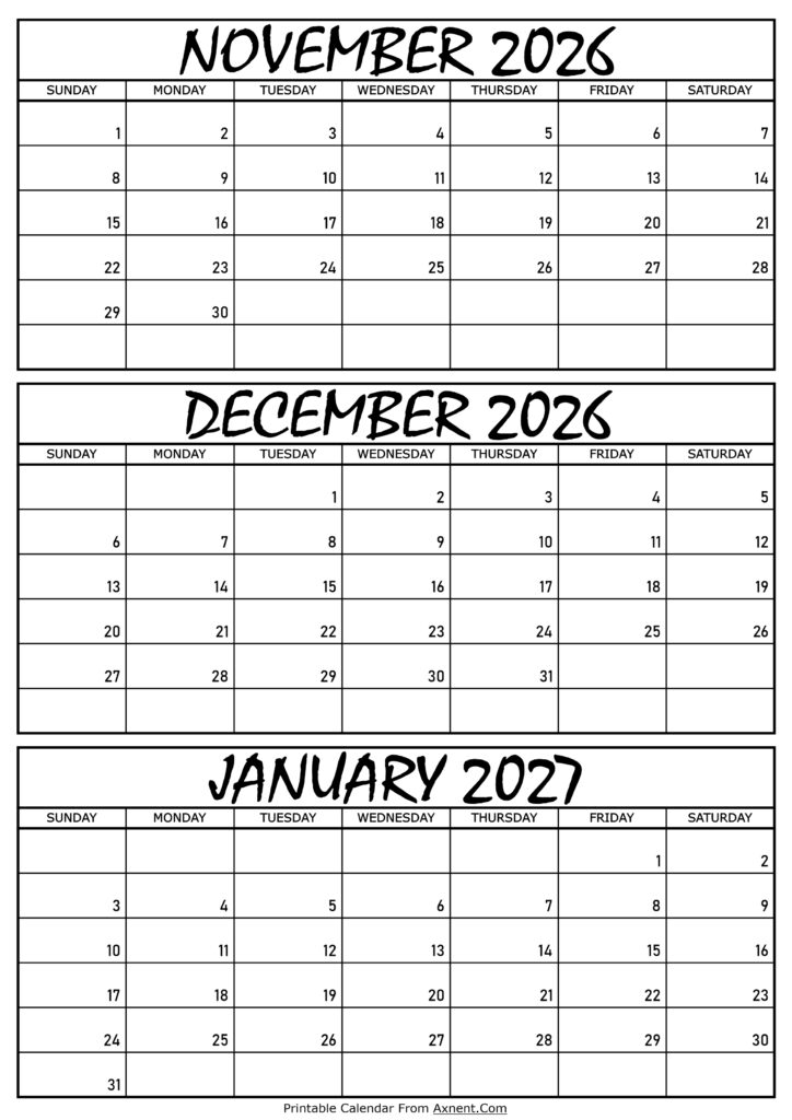 November December 2026 and January 2027 Calendar