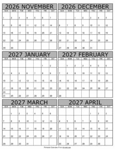 Printable November 2026 to April 2027 Calendar
