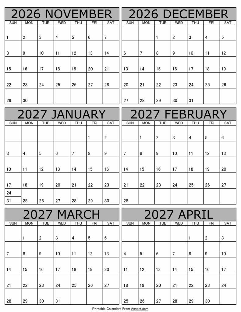 Printable November 2026 to April 2027 Calendar