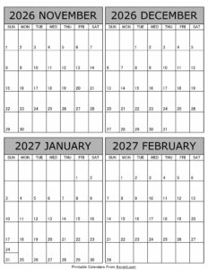 Printable November 2026 to February 2027 Calendar