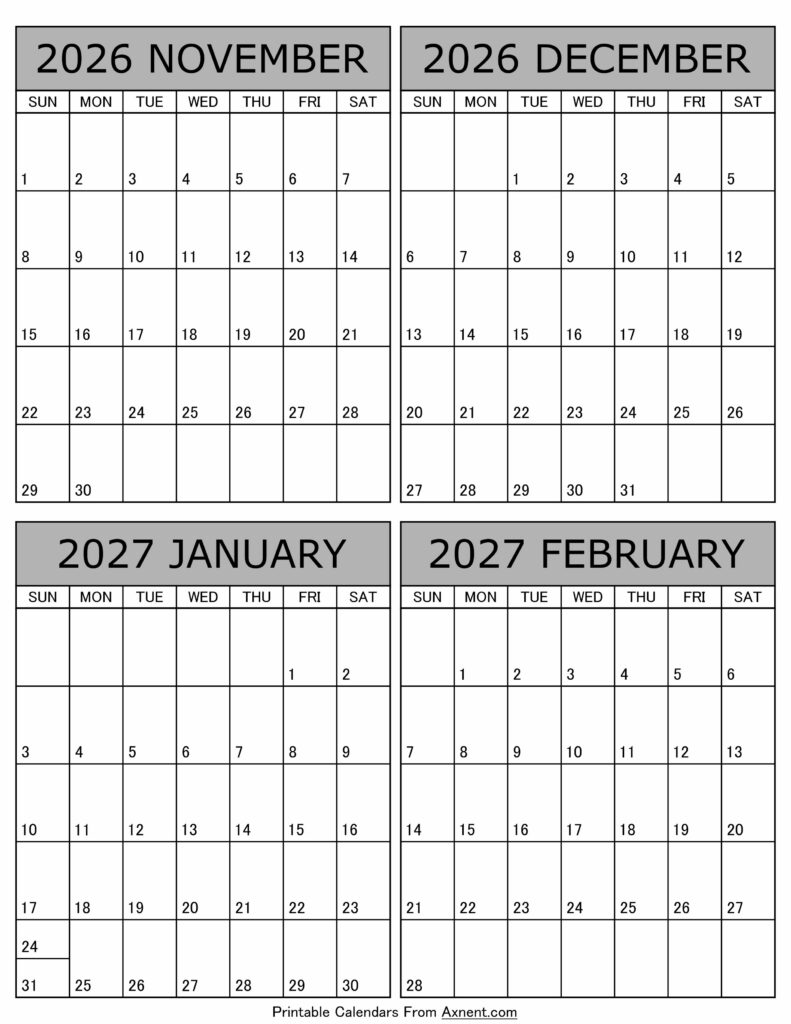 Printable November 2026 to February 2027 Calendar