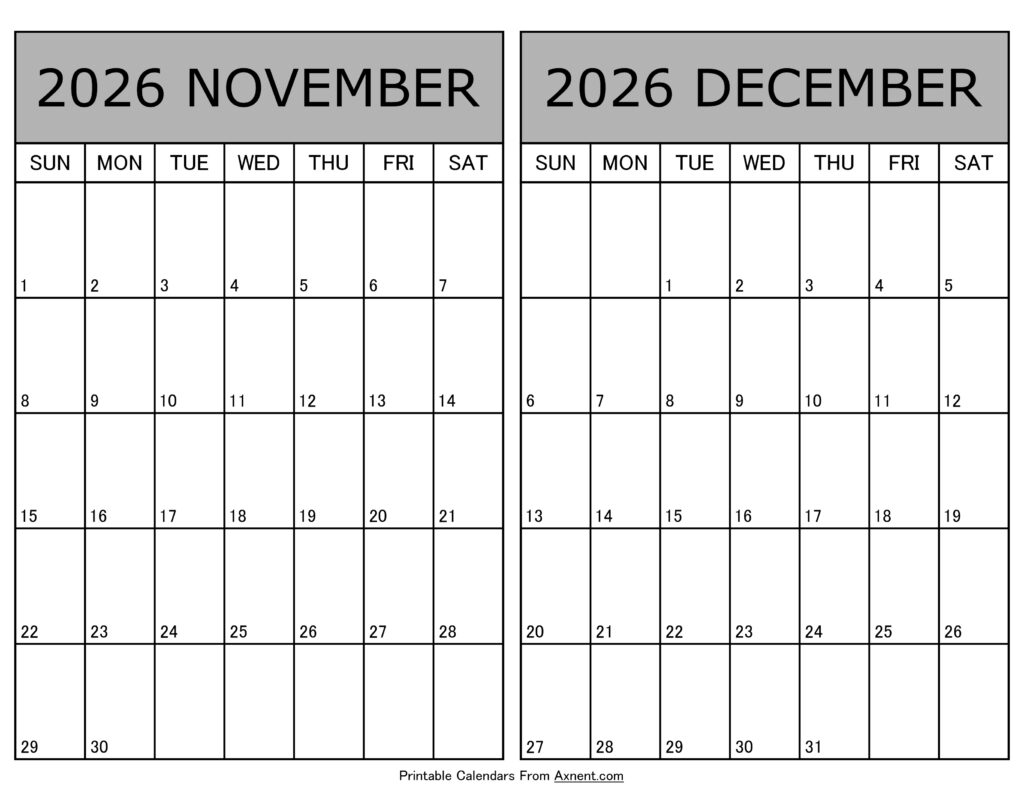 Printable November December 2026 Calendar