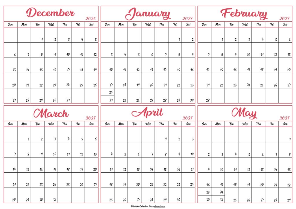 Calendar 2026 December to May 2027